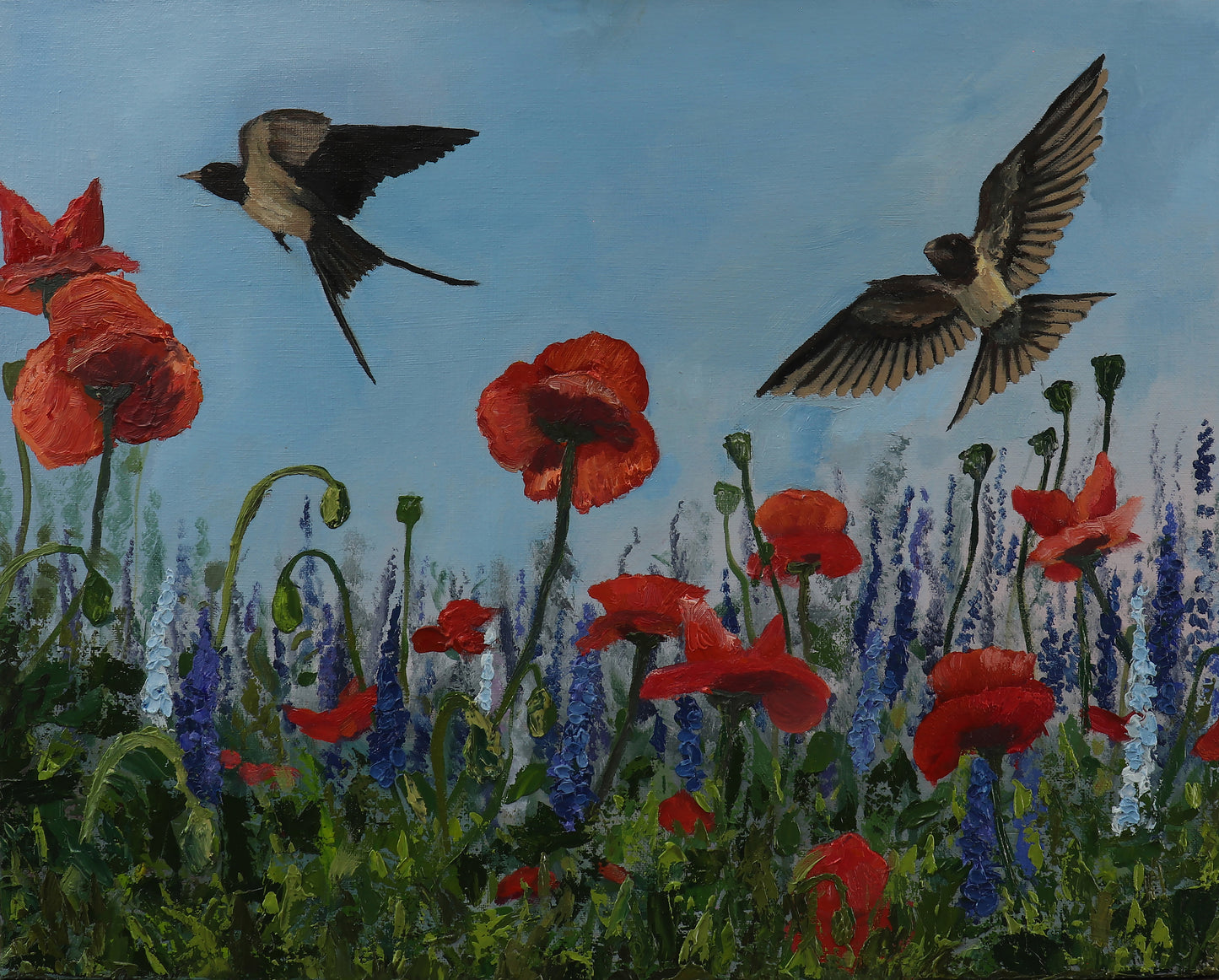 Original painting of left canvas of two birds flying among poppy fields