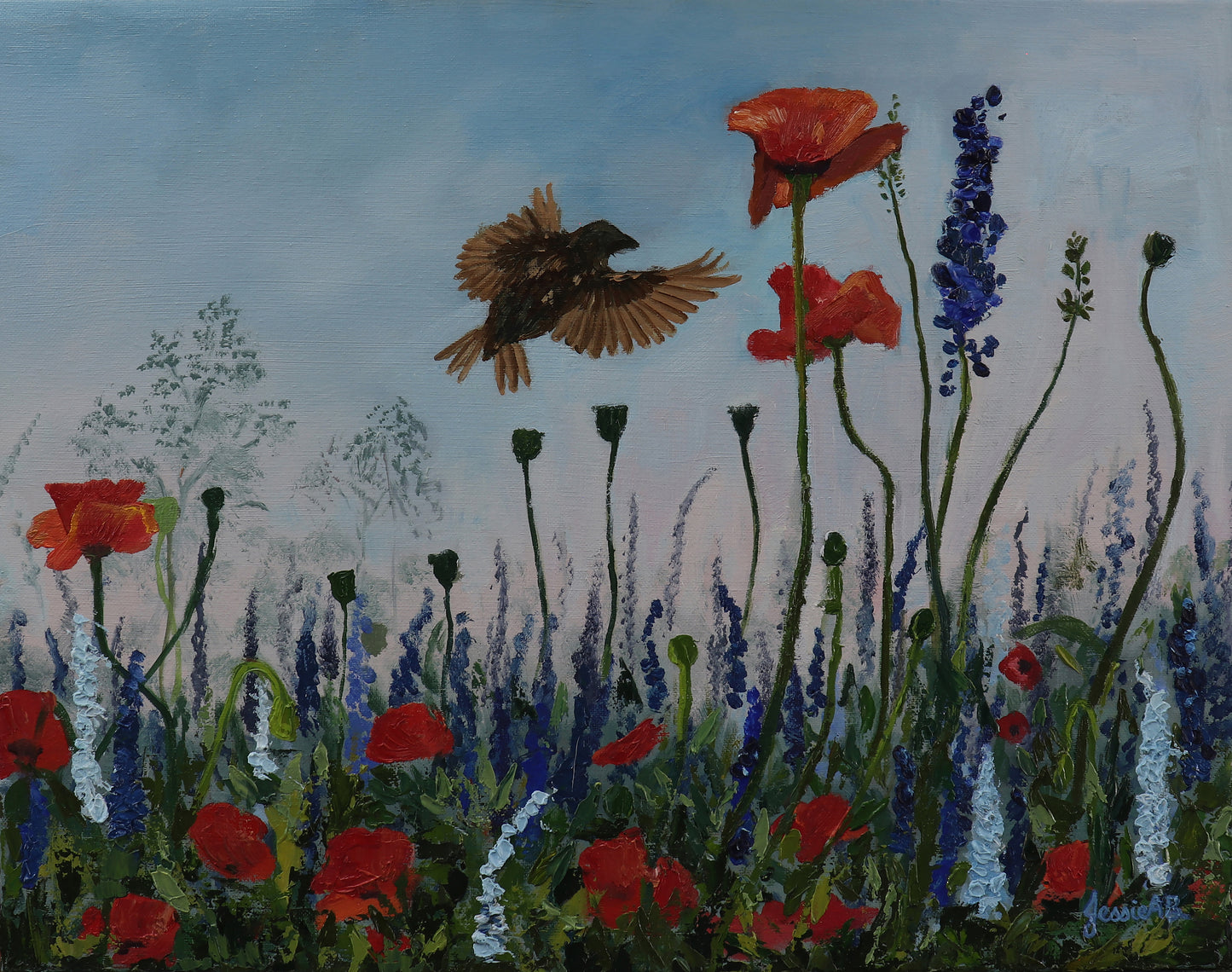 Original painting of right canvas of two birds flying among poppy fields