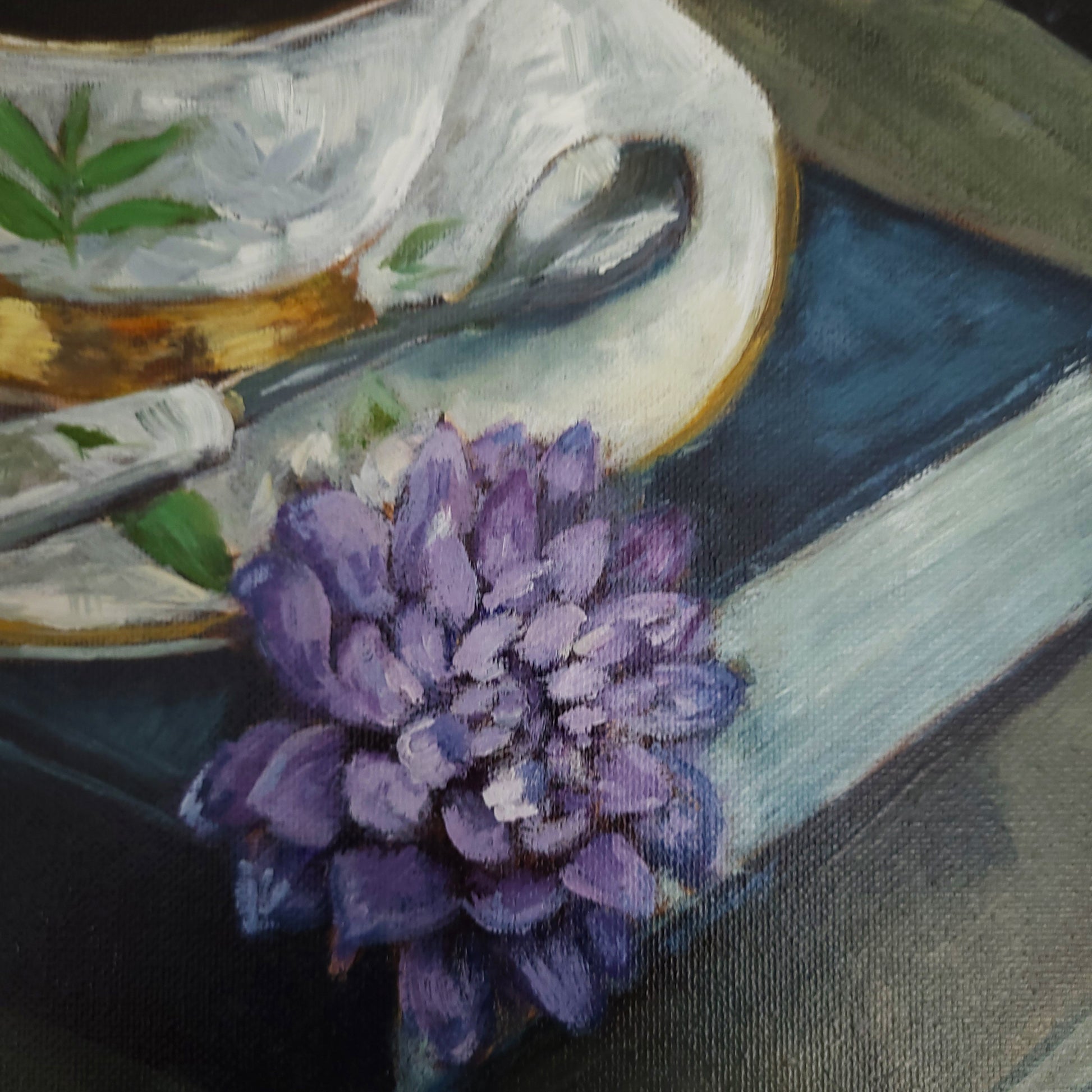 Close up of Quiet Elegance of a purple flower and book
