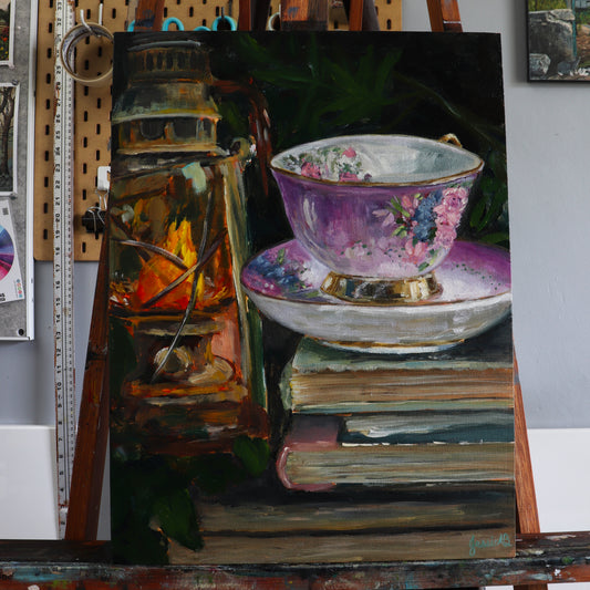 Midnight Hour original painting by Jessie Bettersworth of a lantern and teacup