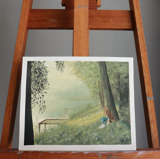 Original painting on my easel named 'Foggy Morning' in natural lighting