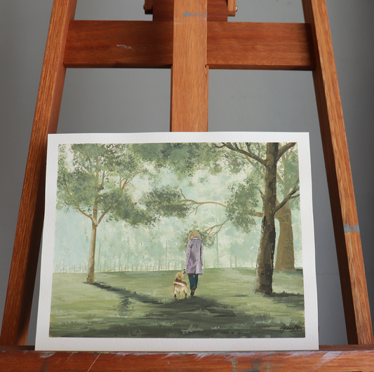 Original painting on my easel named 'I need a walk' in natural lighting