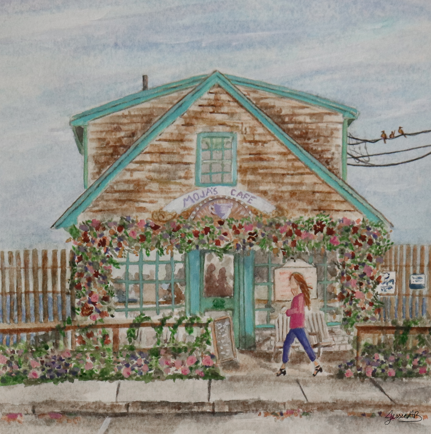 Moja's Cafe is a 9" X 9" original watercolor painting by Jessie Bettersworth