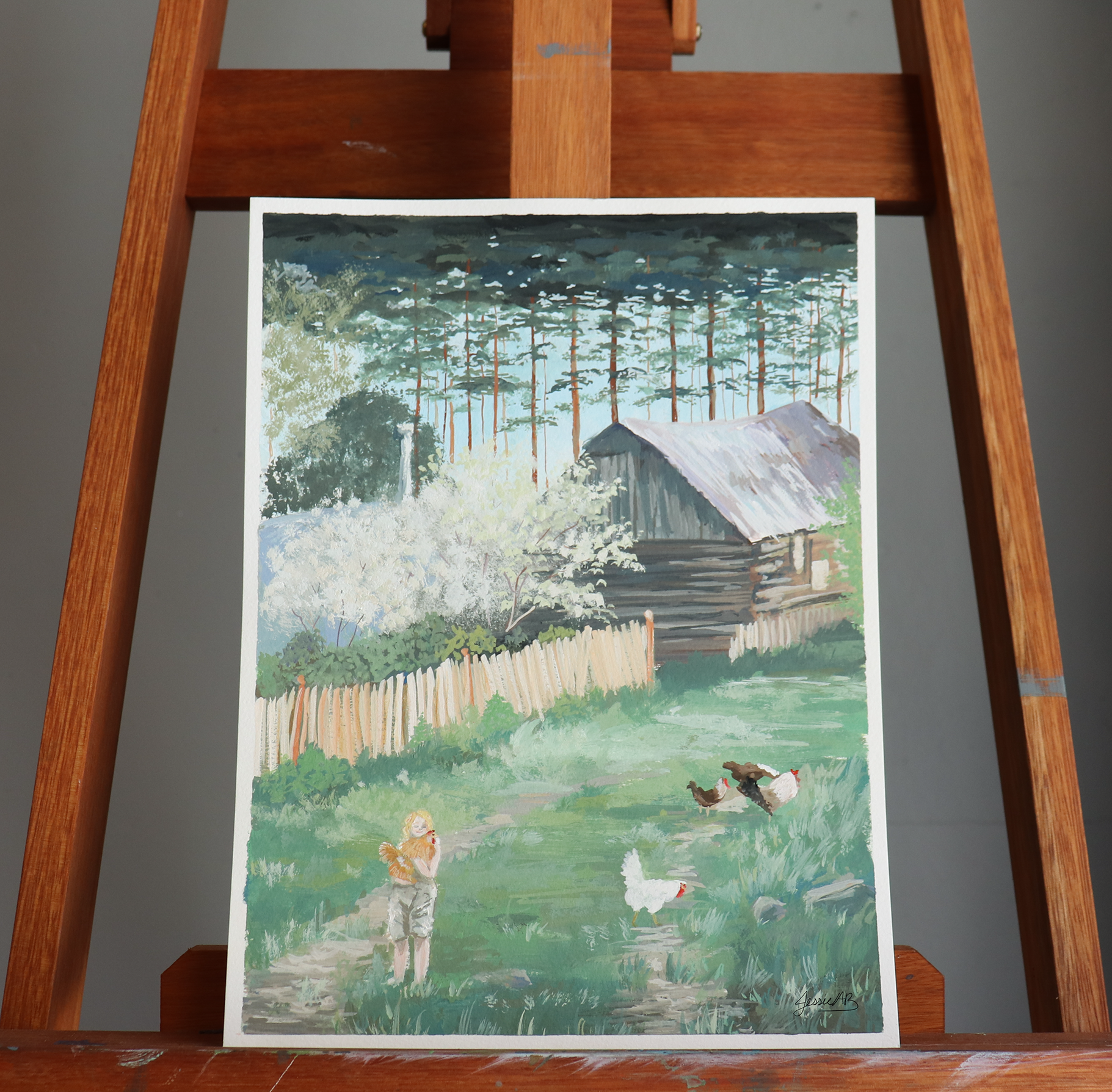 Original painting on my easel named "Rustic Oasis" in natural lighting