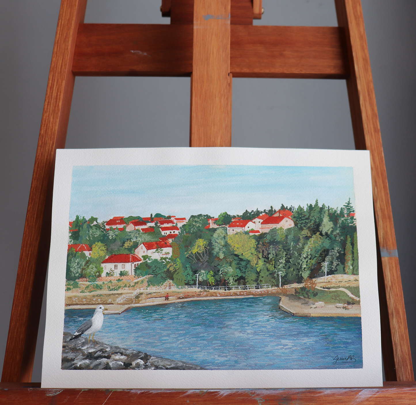 Original painting on my easel named "Villager's Heart" in natural lighting