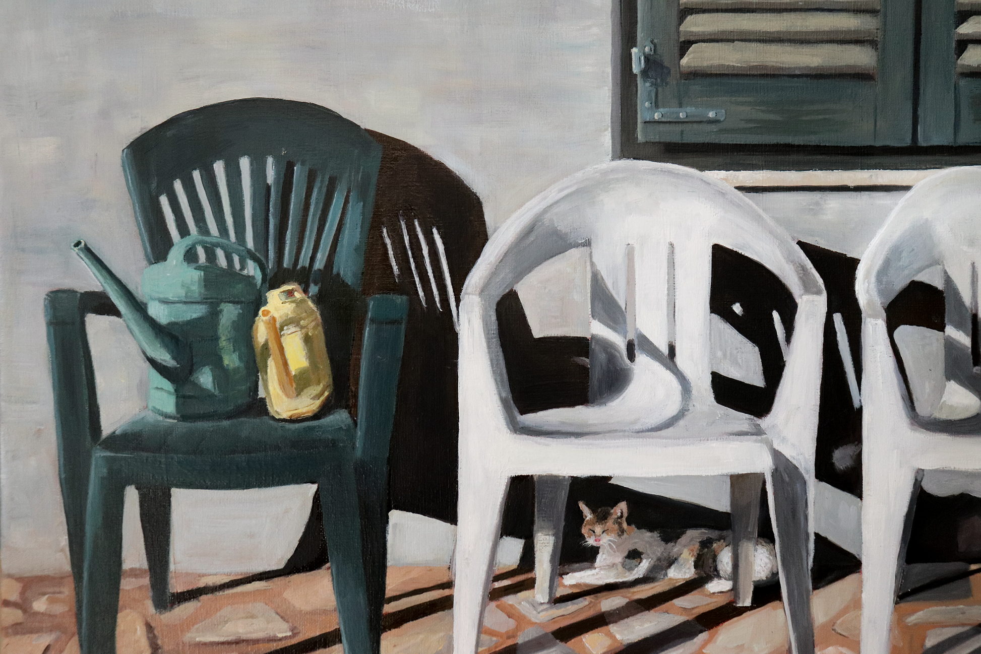 Close up of original painting with watering cans and cute cat 